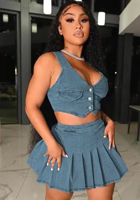 Denim sundress skirt suit summer women's vest pleated skirt suit