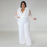 Sexy Deep V Solid Color Plus Size See-Through Long Sleeve Women Jumpsuit