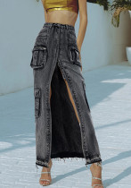 Trendy high street style spring high waist long straight front slit design Denim solid color women's skirt