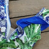 One-Piece Swimsuit Women Straps Ruffle Mesh Patchwork Print Sexy Bikini