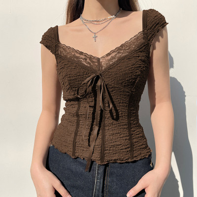 Retro lace Patchwork bow short-sleeved t-shirt women's spring v-neck See-Through Slim Fit top