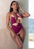 sexy simple print hollowed out slanted shoulder one-piece bikini swimsuit