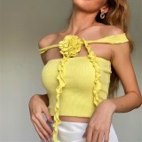 Spring Fashion Sexy French Floral Streamer Halter Neck Patchwork Strapless Tank Top Women