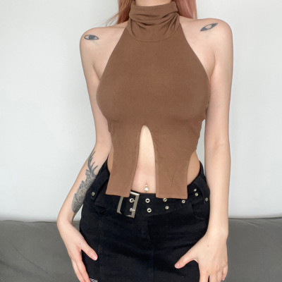 pure color high collar sexy strapless top hollow slit knitting short vest