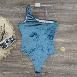 One-shoulder blue velvet triangle one-piece swimsuit feminine swimsuit