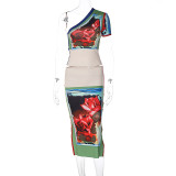 Women's Spring Slash Shoulder One Sleeve Vintage Print T-Shirt Short Skirt Two-Piece Set