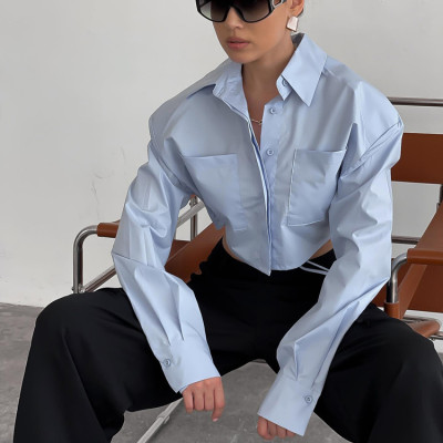 women's short cropped navel shirt shoulder pads tie top fashion long-sleeved solid color shirt