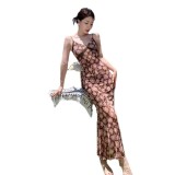 Floral Strap Women's Spring Summer Tight Fitting French Retro Sexy Mermaid Dress