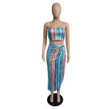 Women's Sexy Strapless Stripe Printed Two-Piece Maxi Skirt Set