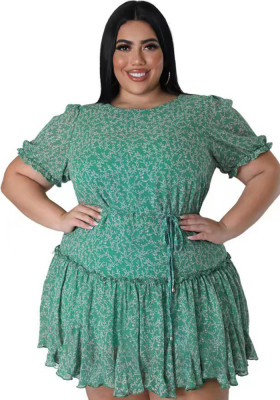 Plus Size Women's Spring Summer Short Sleeve Casual Tie Green Dress
