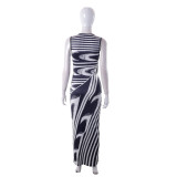 Women's Spring Casual Sleeveless Print Round Neck Slim Maxi Dress