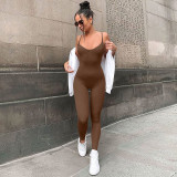 Women's Knitting Solid Color Tight Fitting Suspender Long Jumpsuit