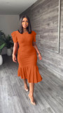 women's spring and summer short-sleeved round neck wrap hip skirt pleated mid-length dress