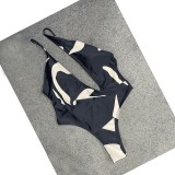 sexy simple print hollowed out slanted shoulder one-piece bikini swimsuit