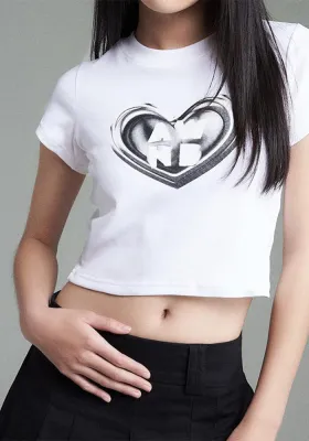 Spring Fresh Girl Heart Print T-Shirt Simple Basic Casual Short Crop Top