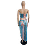 Women's Sexy Strapless Stripe Printed Two-Piece Maxi Skirt Set