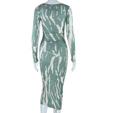 Autumn Winter Fashion Print Sexy Round Neck Long Sleeve Bodycon Maxi Dress for Women