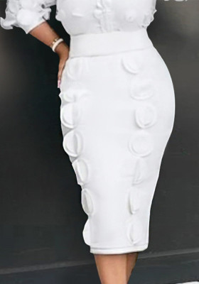 Creative Circle Patch Skirt Pure White Career Casual Skirt