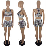 Ladies Summer Style Slim Cartoon Print Two Piece Shorts Set