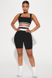 Ladies' Fashion Ribbed Colorblock Track Tank Shorts Sports Two-Piece Set