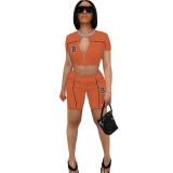 Women'S Zipper Short Sleeve Fashion Solid Color Sport Two-Piece Shorts Set