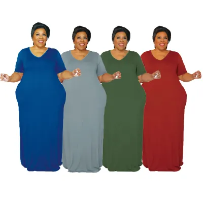 Sexy Solid Color V Neck Short Sleeve Spring Summer Plus Size Maxi Dress