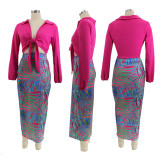 Women'S Fashion Solid Long Sleeve Tied Shirt Multi-Color Print Bodycon Skirt Two-Piece Set