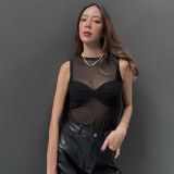 Sexy Mesh See-Through Vest Straps Top Spring Casual Sleeveless Basic T-Shirt