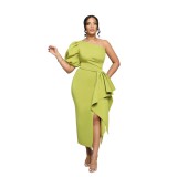 One Shoulder Slit Gown Chic Puff Sleeve Fashion Women'S Dress