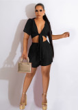 Women'S Summer Lace Up Ruched Shirt Sexy Shorts Two-Piece Set