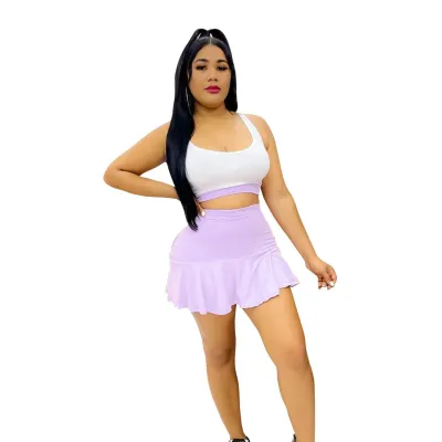 Women'S Fashion Casual Patchwork Slim Fit Tank Skirt Two-Piece Set