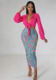 Women'S Fashion Solid Long Sleeve Tied Shirt Multi-Color Print Bodycon Skirt Two-Piece Set