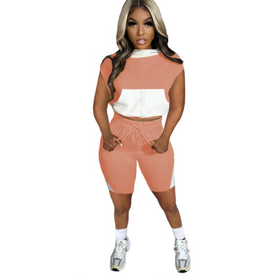 Women'S Colorblock Hoodies Two-Piece Shorts Set