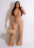 Summer Ladies Solid Color Sexy Fashion Casual V-Neck Sleeveless Crop Top Wide Leg Pants Two Piece Suit