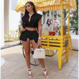 Women'S Button Down Turndown Collar Sleeveless Top Shorts Solid Casual Two-Piece Set Solid Elastic Casual