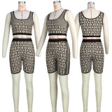 Women'S Positioning Print Slim Sport Chic Casual Sleeveless Crop Tank Top Shorts Two Piece Set