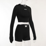 Knitting Round Neck Long-Sleeved Top Shorts Two-Piece Set Women'S Spring Fashion Sports Set