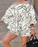 Fashion Printing Set Printing Off Shoulder Top Shorts 2-Piece Suit Female