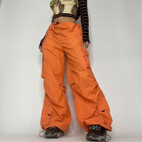 American Street Loose Big Pocket Zipper Woven Pants Elastic Waist Drawstring Cuffs Cargo Casual Trousers