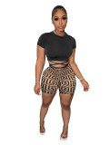 Women'S Fashion Print Shorts Short Sleeves Lace-Up Top Two-Piece Set Casual Set