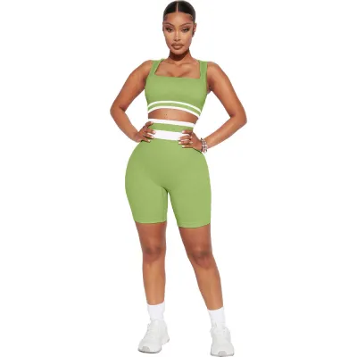 Ladies' Fashion Ribbed Colorblock Track Tank Shorts Sports Two-Piece Set
