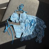 Tie Tie Striped Ruched Cover Up Skirt Three-Piece Swimsuit Two Piece Bikini Swimwear