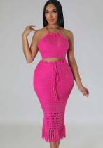 Women'S Fishnet And Fringed Knitting Casual Two-Piece Skirt Set