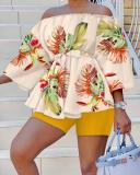 Fashion Printing Set Printing Off Shoulder Top Shorts 2-Piece Suit Female