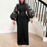 Spring New Small Stand Collar Lace Lantern Sleeve Dress Daily Career Chic Dress