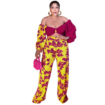 Patchwork Off Shoulder Long Sleeve Fashion High Waist Print Hollow Out Casual Jumpsuit