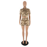 Women Camouflage Short Sleeve Crop Top and Cargo Two-Piece Set