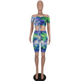 Women Off Shoulder Drawstring Print Top and Shorts Two-Piece Set