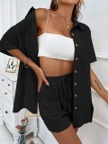 Women Solid Short Sleeve Shirt and Shorts Two-Piece Set