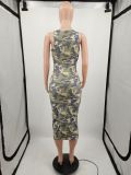 Women Printed Camouflage Sleeveless Dress Excluding Hat